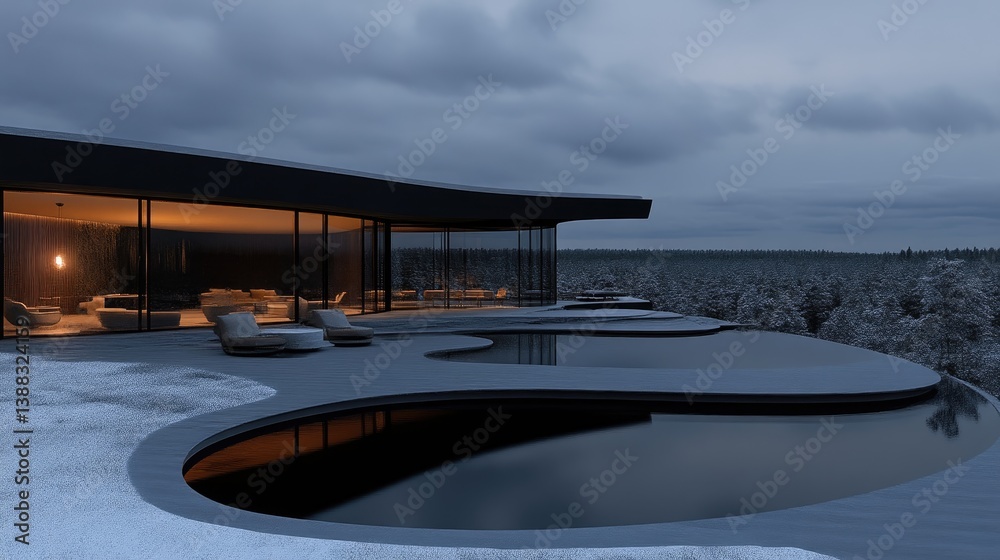 Obraz premium Modern winter home with infinity pool. A stunning contemporary residence nestled amongst snow-covered pines, featuring a glass-fronted living space opening onto an outdoor infinity pool.