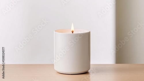 Wallpaper Mural A white cylindrical candle, lit and centered, sits on a light wood surface. The simple composition features a minimalist aesthetic. The image is high quality, well-lit, and showcases warm, calming t Torontodigital.ca