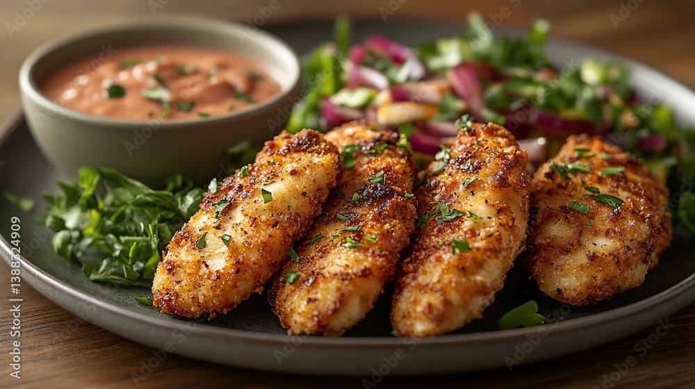 Crispy chicken tenders with creamy sauce and fresh salad. Crispy chicken tenders with creamy sauce and fresh salad.