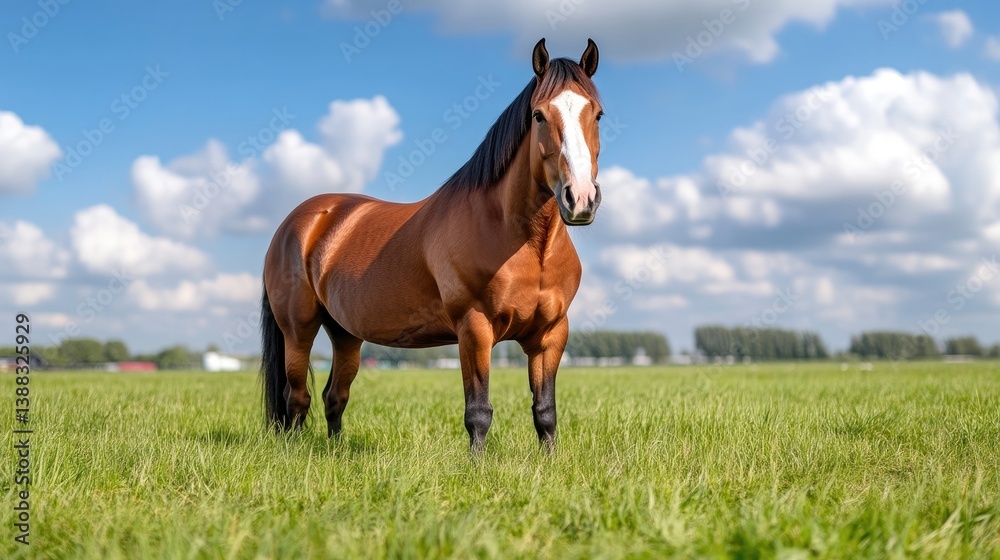A chestnut horse with a white blaze stands in a lush green field. The horse is well-muscled and appears healthy. The image features a bright, sunny day with fluffy white clouds. Its a high-quality p A chestnut horse with a white blaze stands in a lush green field. The horse is well-muscled and appears healthy. The image features a bright, sunny day with fluffy white clouds. Its a high-quality p