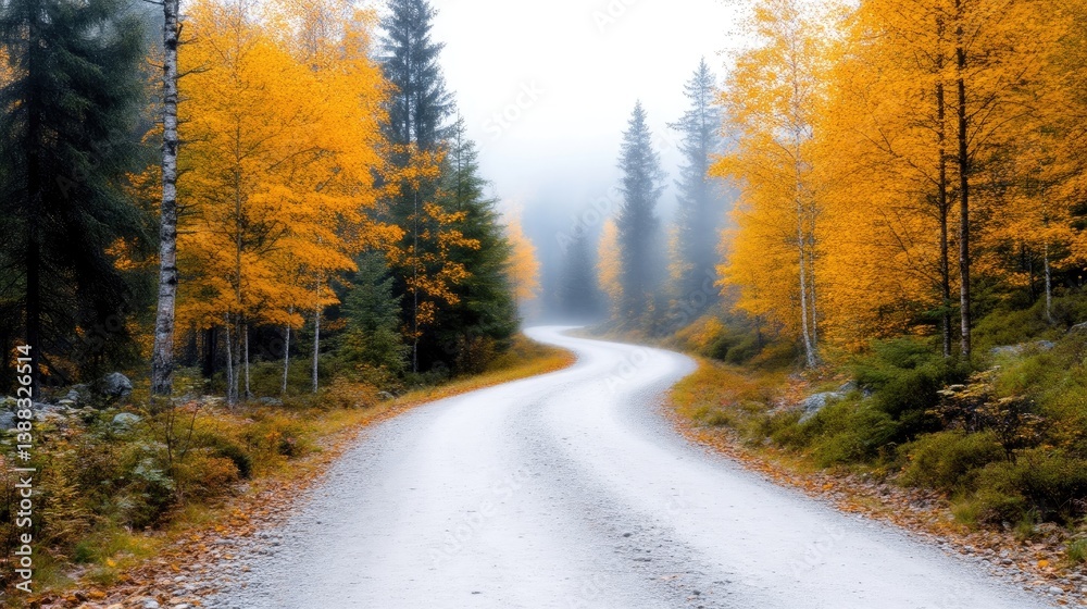 Fototapeta premium Autumnal forest road winding through misty landscape