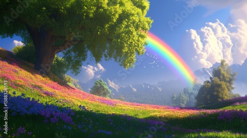Beautiful flowers in Spring with rainbow