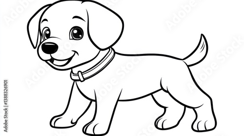 Cute coloring book puppy, cheerful, standing, black and white, for kids, easy drawing, printable, activity photo
