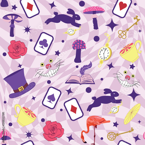 Wonderland pattern elements roses, rabbit, Cheshire cat, flamingo cards hat cup and mushrooms and clock