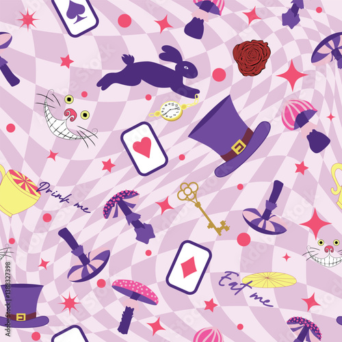 Wonderland pattern elements roses, rabbit, Cheshire cat, flamingo cards hat cup and mushrooms and clock