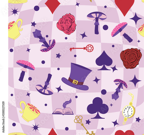 Wonderland pattern elements roses, rabbit, Cheshire cat, flamingo cards hat cup and mushrooms and clock