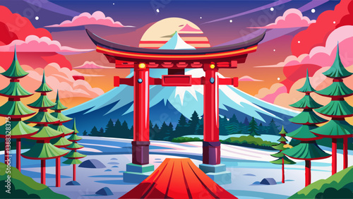 Red Japanese Torii pole, Fuji mountain and snow in Kawaguchiko, Japan. Forest trees nature landscape background in winter season.