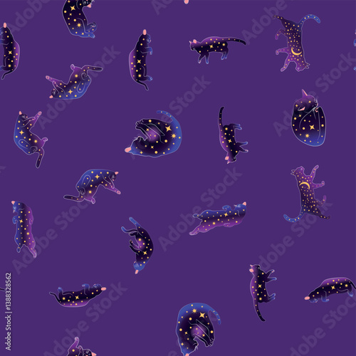 Mystical seamless pattern of cats in boho style, silhouette collection. Esotericism and mysticism, occultism. Cartoon flat vector illustrations, isolated