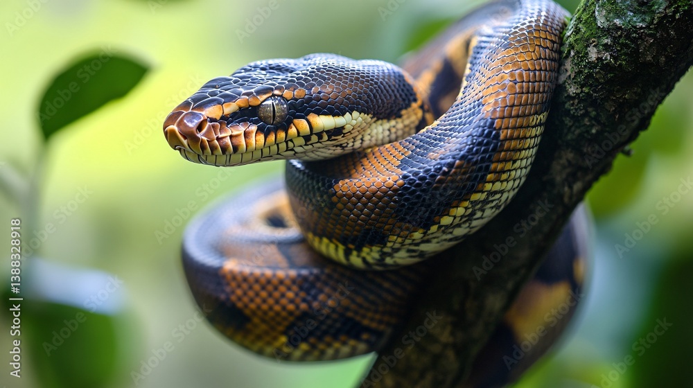 Fototapeta premium Close-Up of a Python with Intricate Scales Wrapped Around Tree Limb