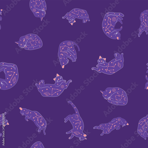 Mystical seamless pattern of cats in boho style, silhouette collection. Esotericism and mysticism, occultism. Cartoon flat vector illustrations, isolated