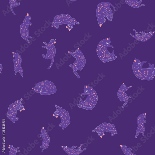 Mystical seamless pattern of cats in boho style, silhouette collection. Esotericism and mysticism, occultism. Cartoon flat vector illustrations, isolated