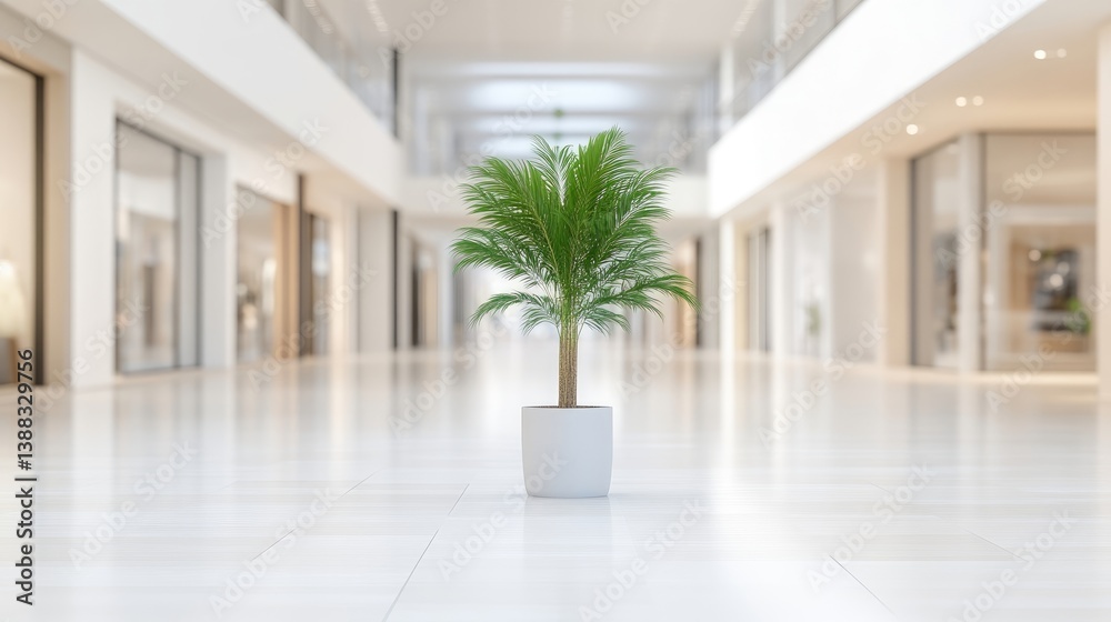 A small palm tree in a white pot sits in the center of a bright, spacious mall hallway. The background is blurred, showing shops and a clean, modern aesthetic. The image is high-quality, with even l