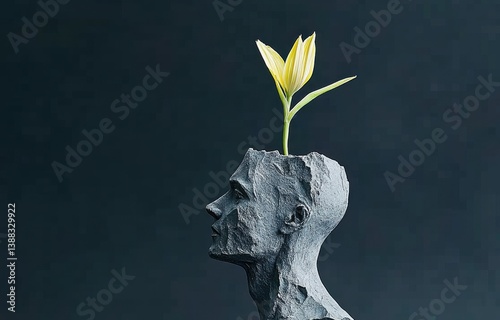 The concept of life, freedom, and hope is depicted through a surreal scene of a flower alongside a broken human sculpture in a digital artwork illustration