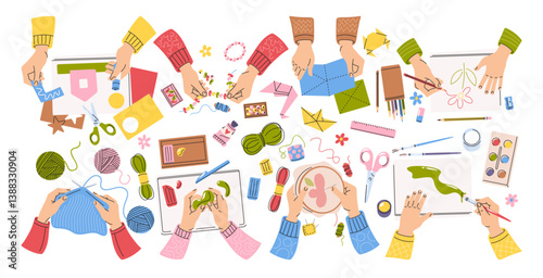 Human artist hands doing creative handwork engaged in DIY hobbies and decorative art hand-drawn set