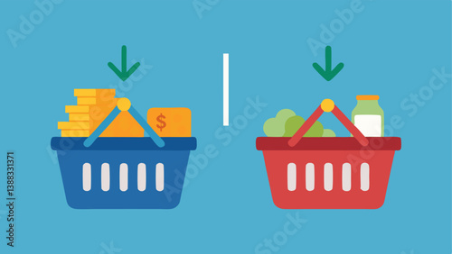 Comparison of Two Shopping Baskets Two baskets side by side one filled with a variety of items at higher prices inflation and another with an equivalent value of items at lower