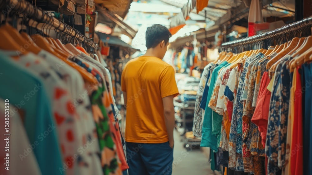Obraz premium Man Browsing Clothes at Outdoor Market Stall Looking for Apparel