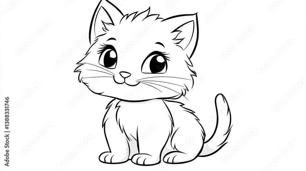 Obraz premium Cute cartoon kitten coloring page, printable drawing, kids activity, educational resource, black and white illustration