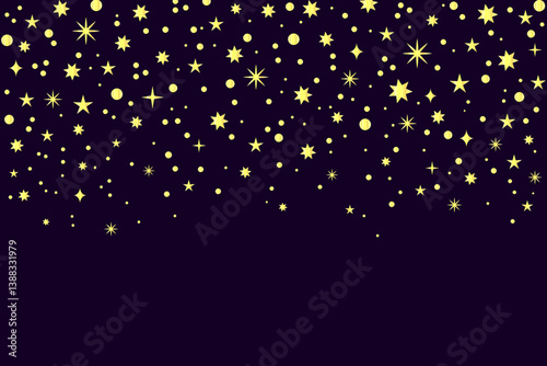 Background of randomly placed snowflakes, stars, dots and crosses. Bright yellow star pattern on dark blue background. Festive Christmas, New Year banner, cover, postcard design