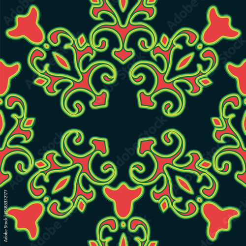 Floral pattern Tatar Native Ornamental border with tulips. Culture of the Tatar people, symbols of green and red