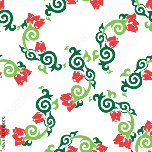 Floral pattern Tatar Native Ornamental border with tulips. Culture of the Tatar people, symbols of green and red