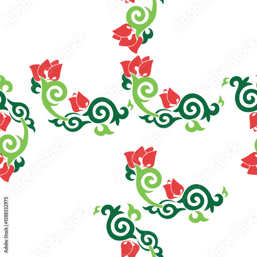 Floral pattern Tatar Native Ornamental border with tulips. Culture of the Tatar people, symbols of green and red