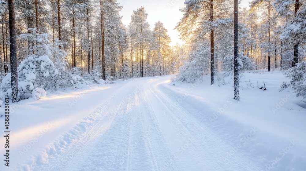 A snow-covered road winds through a pristine winter forest. Tall, snow-laden pine trees line the path. The scene is brightly lit, creating a serene atmosphere. The image is high-quality, with sharp A snow-covered road winds through a pristine winter forest. Tall, snow-laden pine trees line the path. The scene is brightly lit, creating a serene atmosphere. The image is high-quality, with sharp