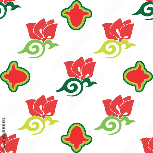 Floral pattern Tatar Native Ornamental border with tulips. Culture of the Tatar people, symbols of green and red