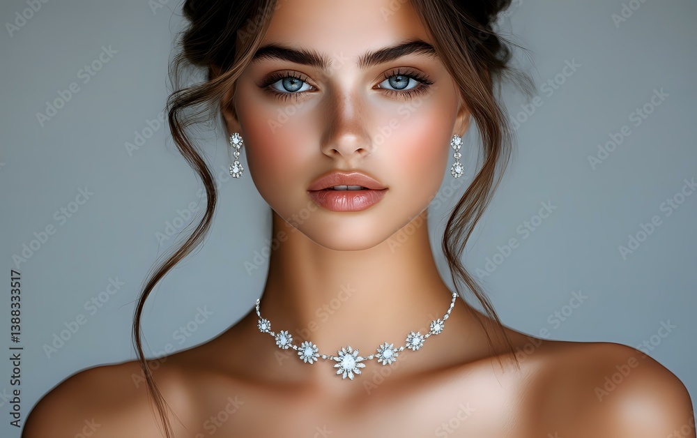 Young Mediterranean woman with dramatic makeup, blue eyes, wearing elegant diamond necklace and earrings. Soft lighting enhances glamorous bridal jewelry look.