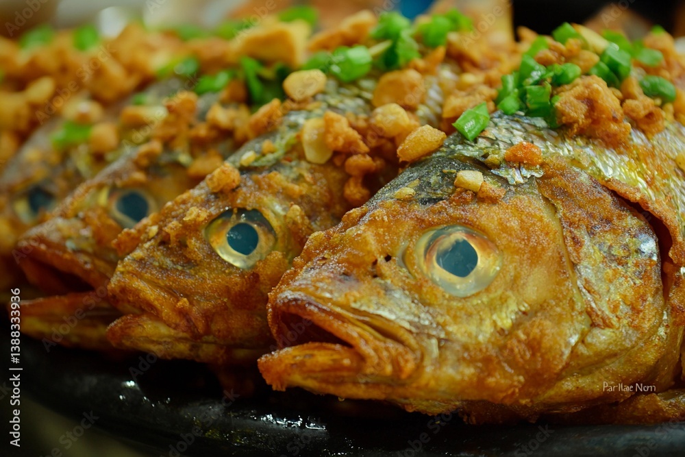 Fried fish is displayed on a platter with crunchy toppings and fresh green onions. It showcases a tempting, golden-brown appearance, popular at seafood dining establishments Fried fish is displayed on a platter with crunchy toppings and fresh green onions. It showcases a tempting, golden-brown appearance, popular at seafood dining establishments