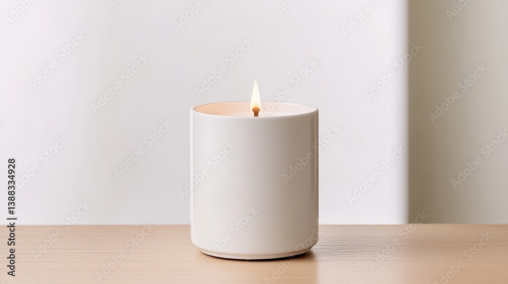 custom made wallpaper toronto digitalA lit white candle sits on a light wood surface. The candle is cylindrical and in a minimalist style. The image is high quality with soft lighting. Warm, calming colors create a peaceful mood. The b