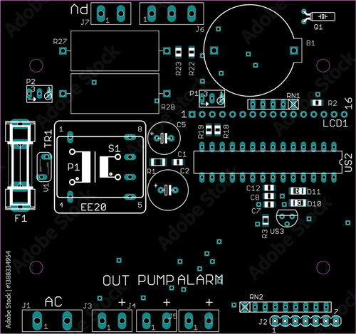 Placement of components of radio elements (contact
pads and seats) on printed circuit
board of electronic device.
Vector engineering 
drawing of pcb. Electric background. 
Computer technic cad design.