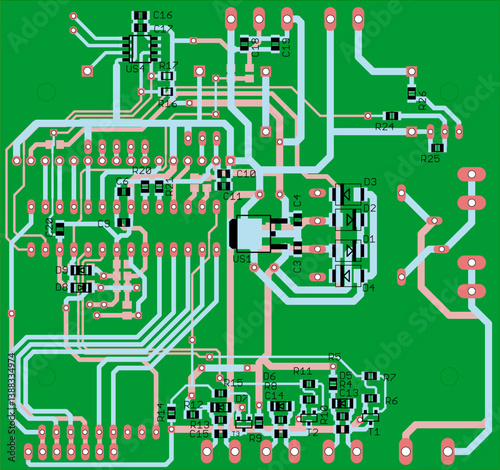 Vector printed circuit board of electronic 
device with components of radio elements, 
conductors and contact pads placed on pcb. Engineering technical educational drawing. Computer technic cad design
