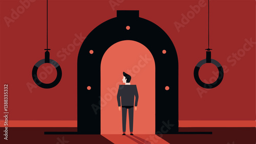Horseshoe Over Door An illustration of a horseshoe carefully hung above a door with a person looking proud and reassured symbolizing protective superstitions against bad luck.