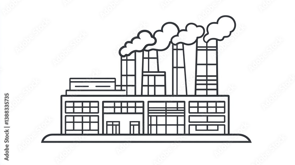 Obraz premium Industrial plant illustration, factory building, smoke stacks, landscape, clean line art, stock image, for use in publications, presentations, or educational material