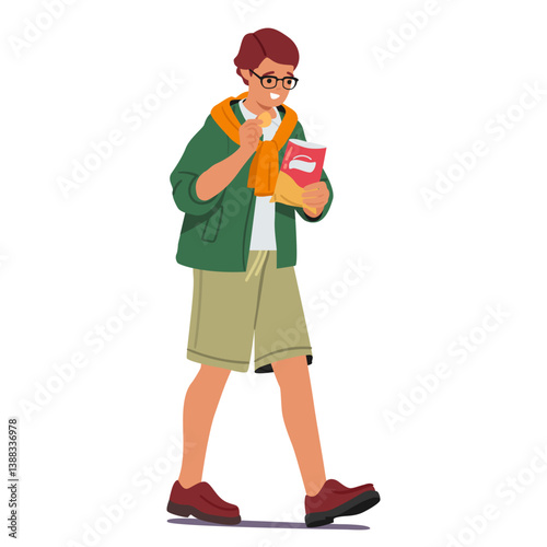Schoolboy cartoon character eating fast food on the go snacking with chips isolated on white