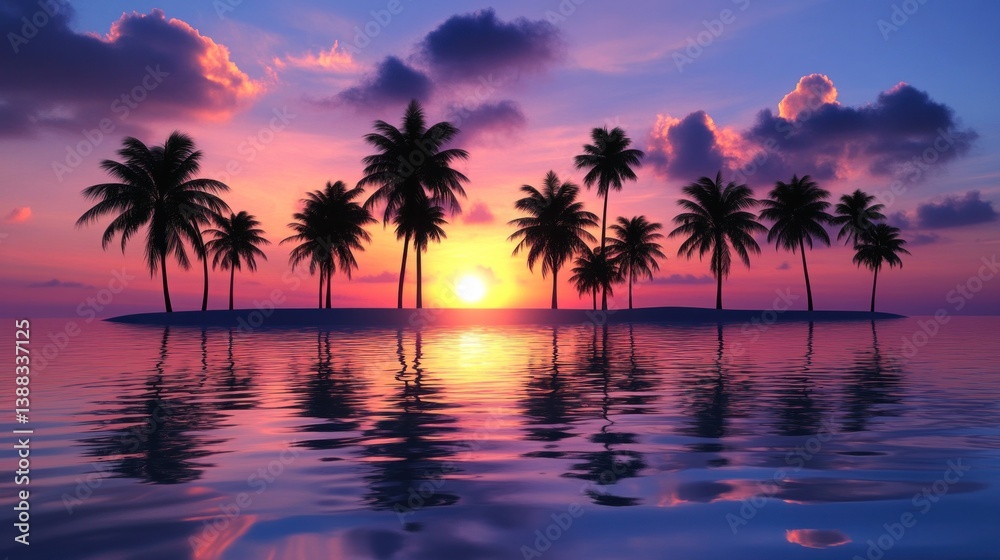 Obraz premium Palm Trees Island at Colorful Sunset Reflections on Water Surface