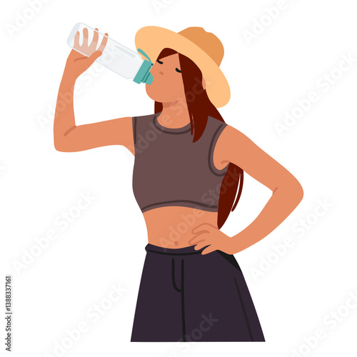 Young woman traveler cartoon character refreshing with water drinking from bottle isolated on white