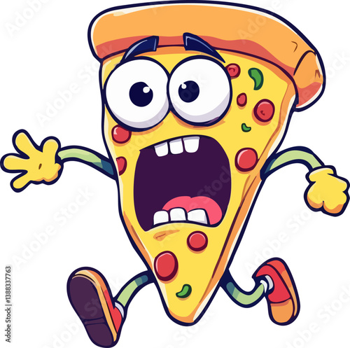 Hilarious and Expressive Cartoon Pizza Slice Character Running with a Surprised Face, Ideal for Fun Food Illustrations and Playful Designs