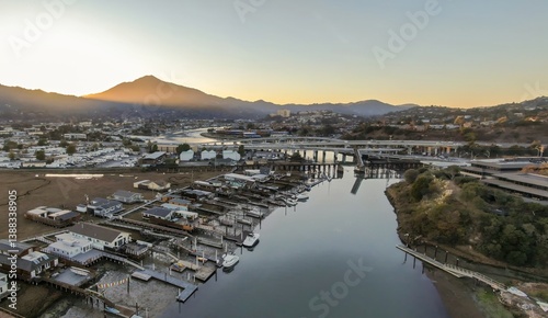 Fotografie Aerial view of Corte madera Creek in Larkspur, Greenbrae, California, USA, at sunrise