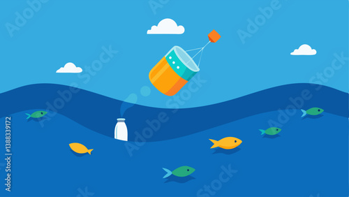 Floating Cleanup Device A conceptual of a large barrier or floating device designed to catch plastic waste in ocean currents with s of plastic being