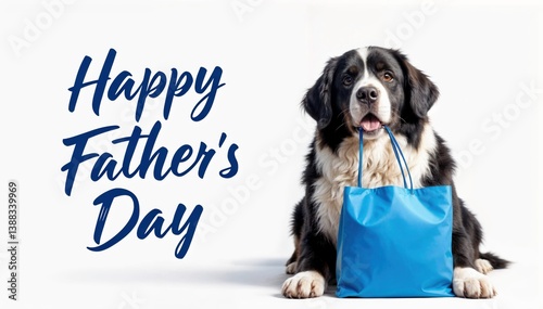 A delightful dog holds a blue gift bag in its mouth, embodying the spirit of Father's Day. The cheerful ambiance highlights the bond between pets and their owners on this special occasion.