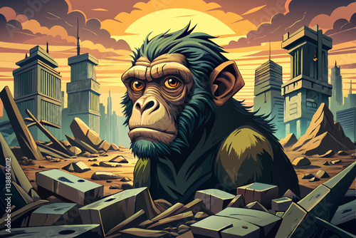 Monkey portrait on a pile of rubble in a post apocalyptic ruined city, Crumbling buildings and dusty metal debris surround, monkey portrait banner