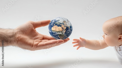 Adult hand gives baby hand the planet earth. Earth Day theme background wallpaper.