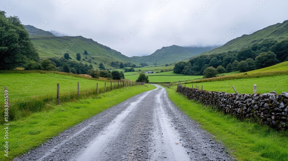Fototapeta premium Country lane winding through lush green valley
