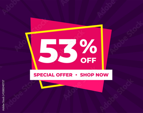 53% off, fifty three percent, special offer, shop now. Background Label. Purple and pink. Discount special offer. Modern concept design. Vector illustration.
