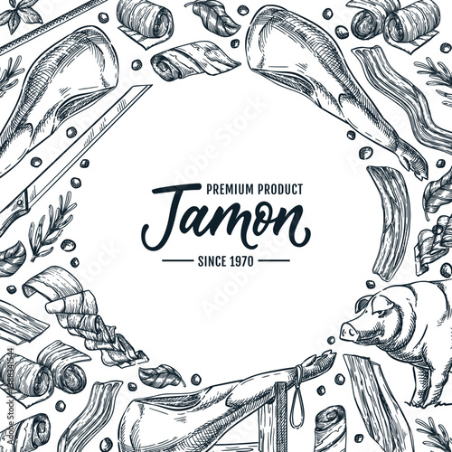 Iberian pork jamon square frame. Vector hand drawn sketch illustration. Label, package, menu, banner design elements