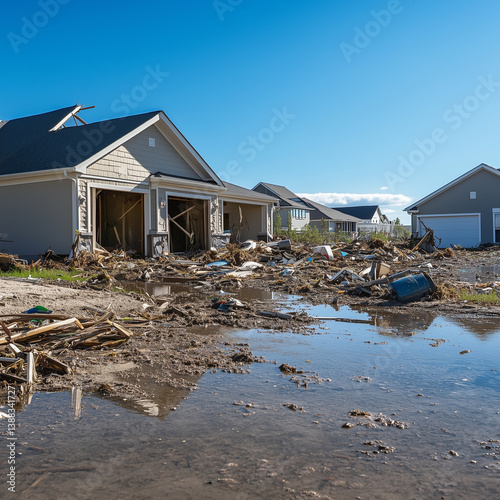 A home after a natural disaster ravages the area and causes flooding and destruction