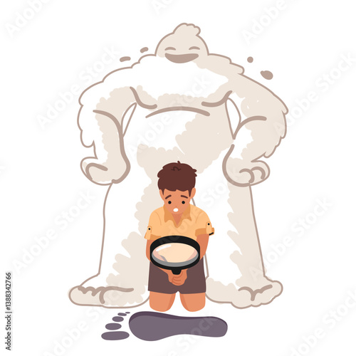 Curious boy-scout cartoon character holding huge magnifying glass researching big yeti footprint