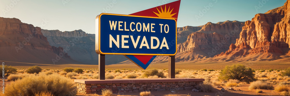 Sign with the inscription Welcome to Nevada against the background of a summer landscape
Sign with the inscription Welcome to Nevada against the background of a summer landscape