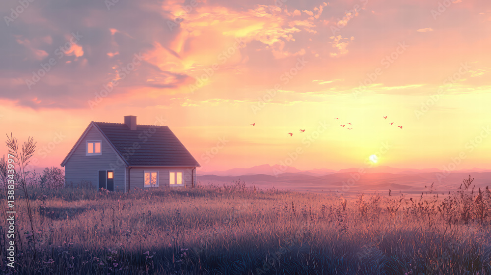 Tranquil Home: An idyllic scene unfolds as a charming home stands silhouetted against a vibrant sunset. The warmth of the setting sun bathes the landscape in a golden glow. Tranquil Home: An idyllic scene unfolds as a charming home stands silhouetted against a vibrant sunset. The warmth of the setting sun bathes the landscape in a golden glow.